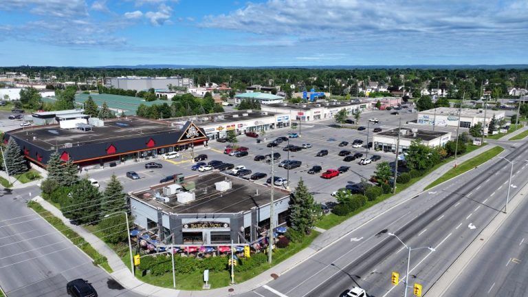Aerial view of a commercial area featuring various shops and restaurants, with ample parking spaces and green surroundings under a blue sky.